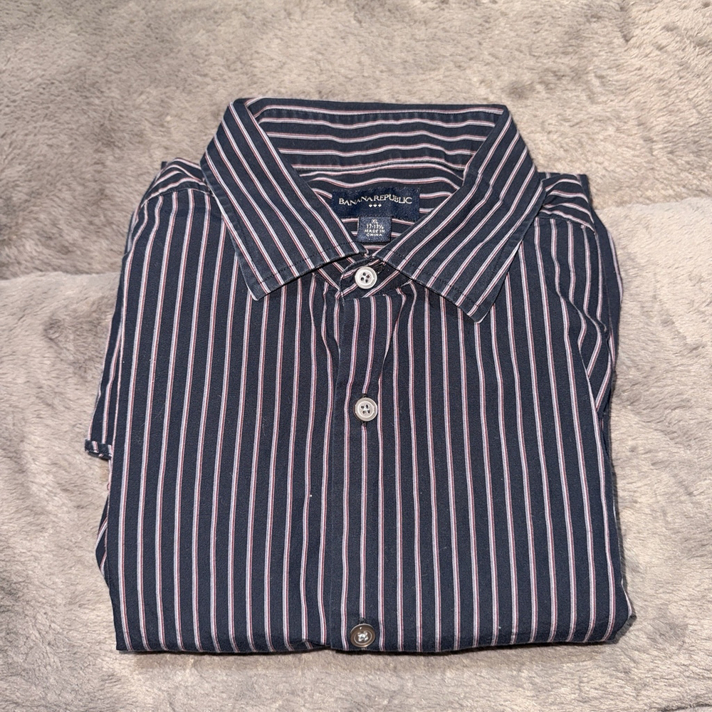 Banana Republic Dress Shirt Mens XL Navy Red White Striped Long Sleeve Button Up